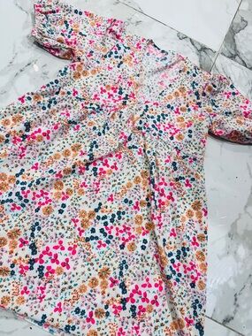 SHEIN White Floral Print Dress with Pink, Blue, and Brown Accents